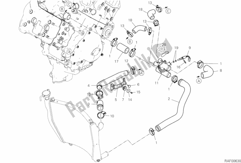 All parts for the Cooling Circuit of the Ducati Superbike Panigale V4 USA 1100 2020